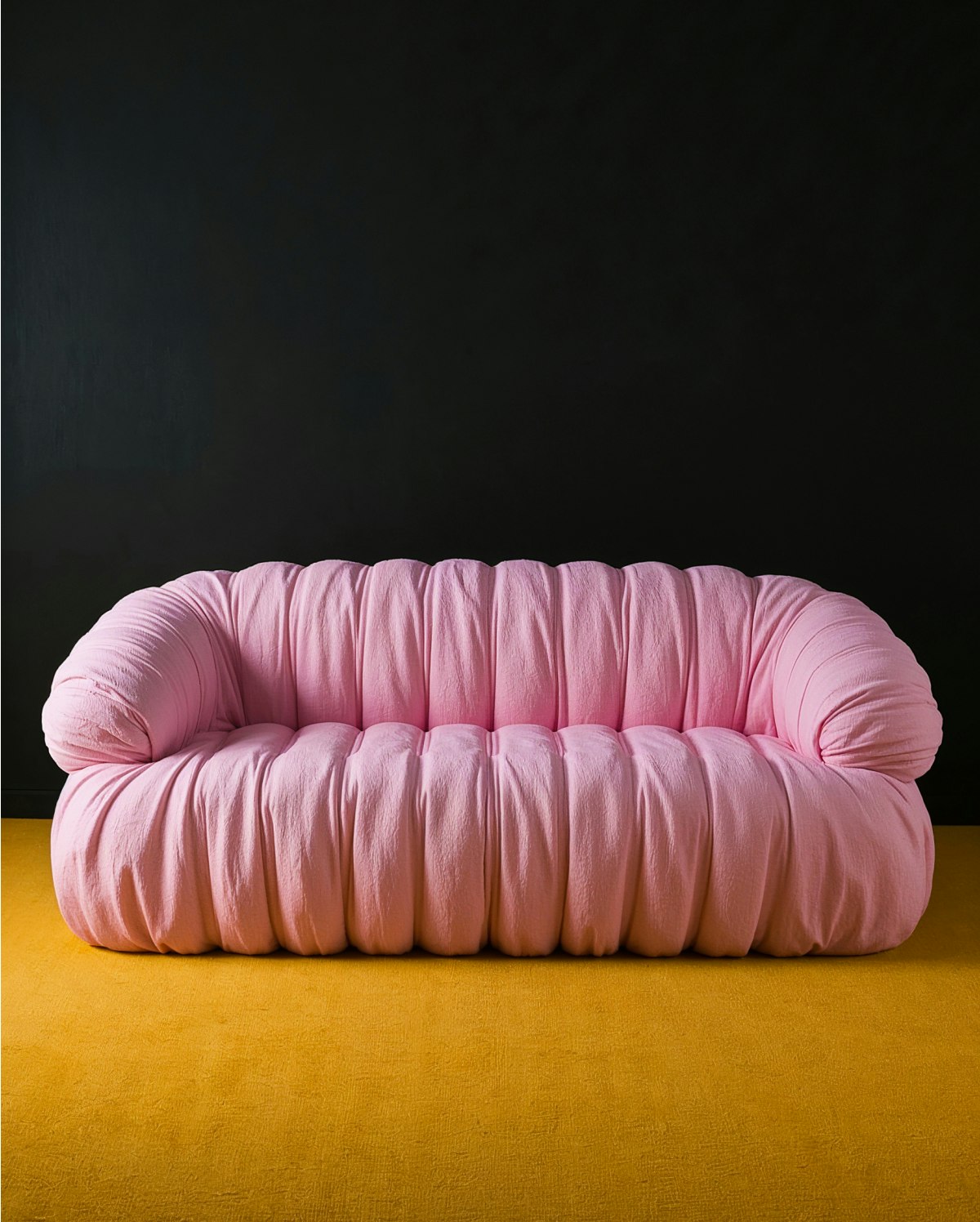 Sculptural pink sofa on a mustard yellow studio floor