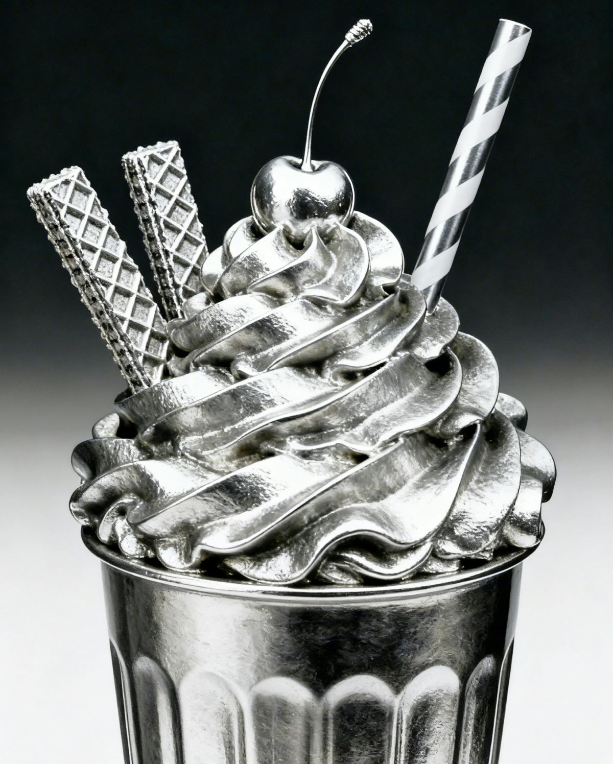 A sculptural chrome ice cream sundae